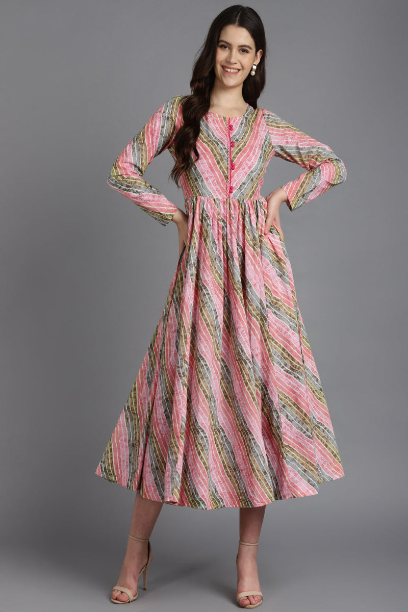 Printed A-Line Cotton Western Dress LightPink / S