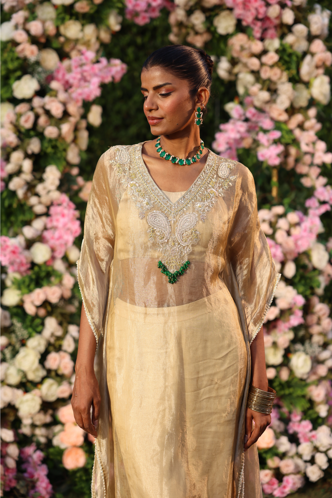 Tissue Indowestern with Aari, Cutdana, Sequins, Stone, Thread, Zardozi work.