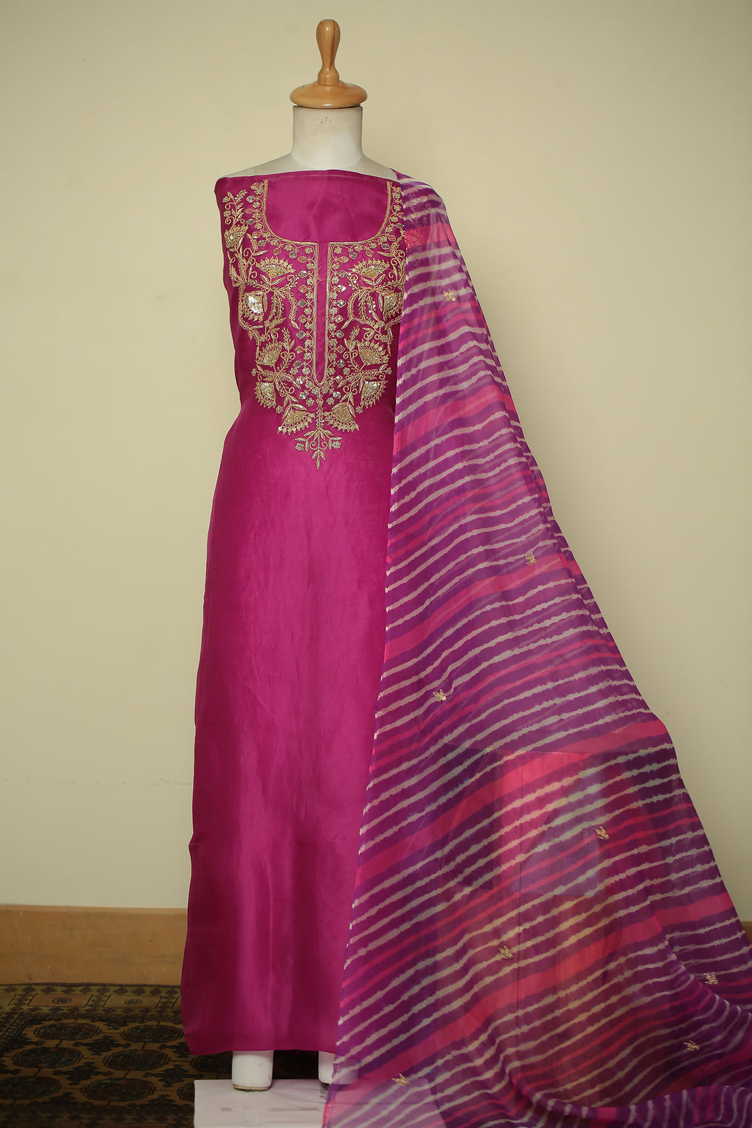 Organza Unstitched Suit with Dori, Sequins, Zardozi, Zari work.