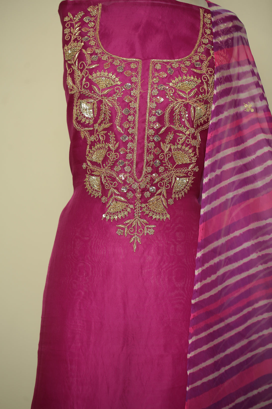 Organza Unstitched Suit with Dori, Sequins, Zardozi, Zari work.