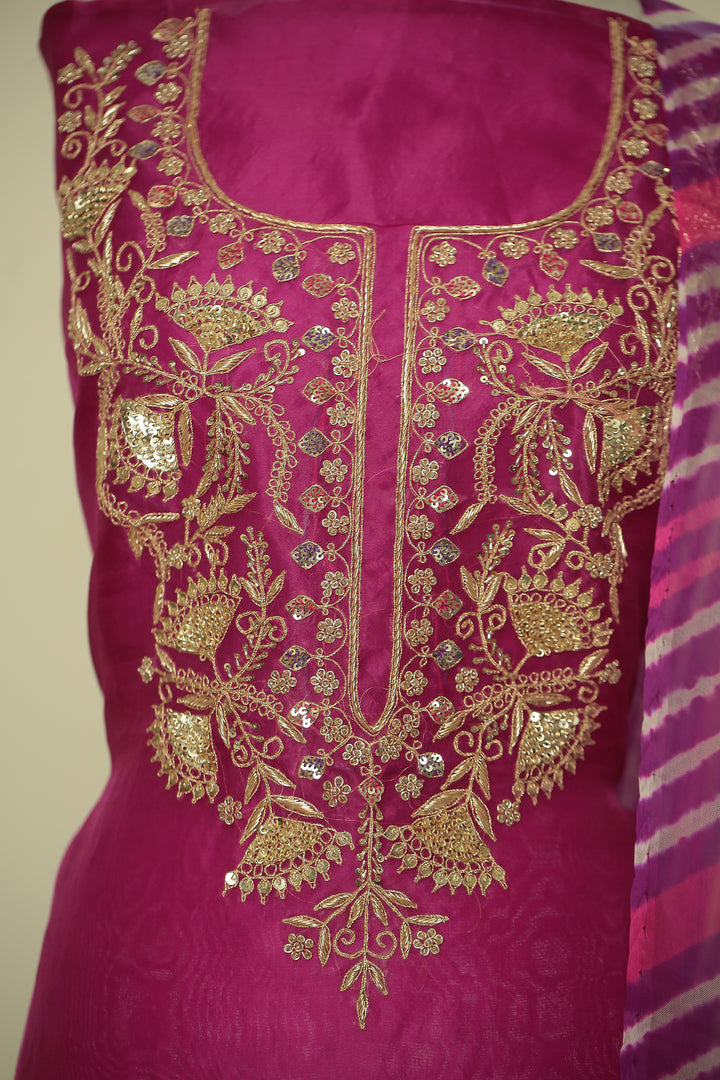 Organza Unstitched Suit with Dori, Sequins, Zardozi, Zari work.