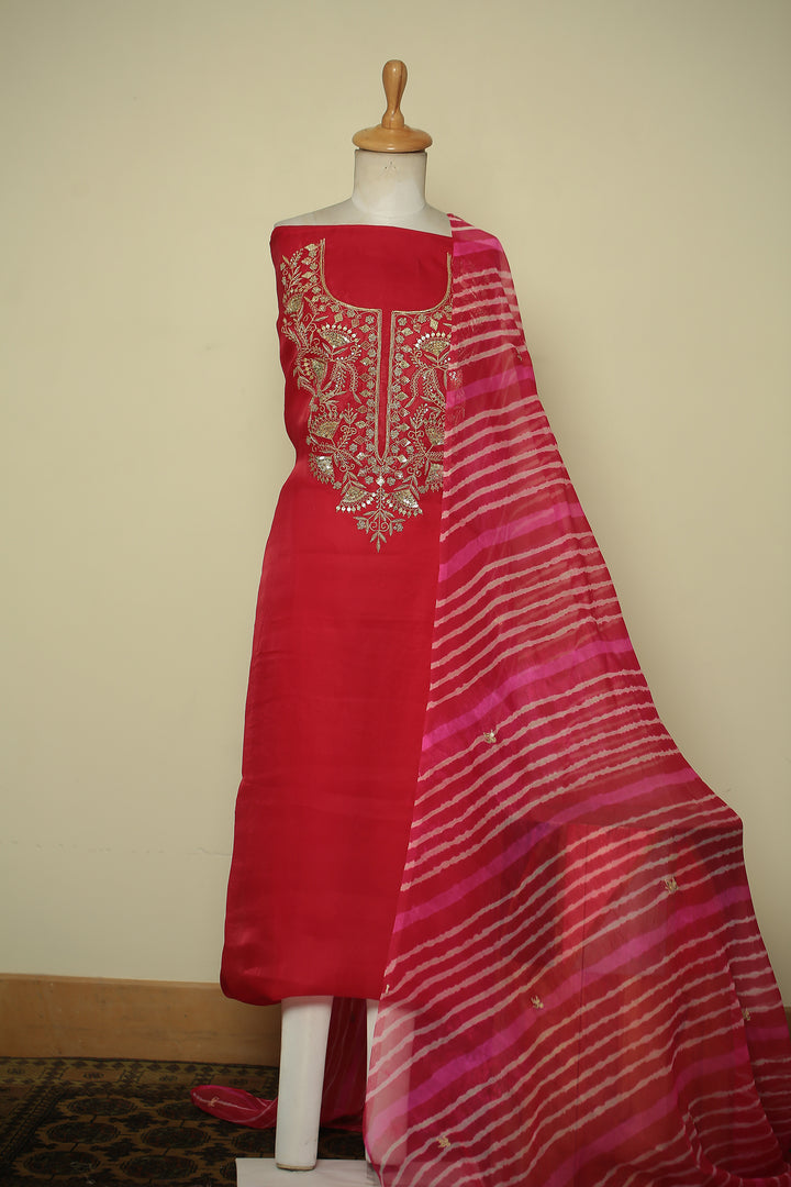 Organza Unstitched Suit with Sequins, Zardozi, Zari work.