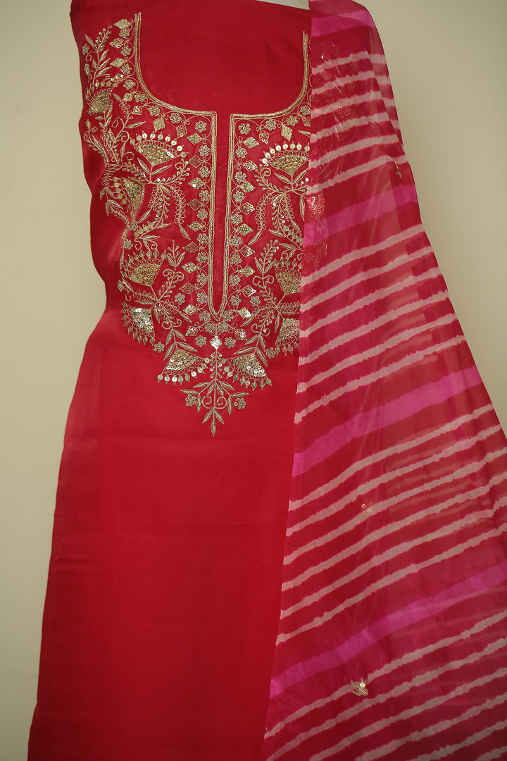 Organza Unstitched Suit with Sequins, Zardozi, Zari work.