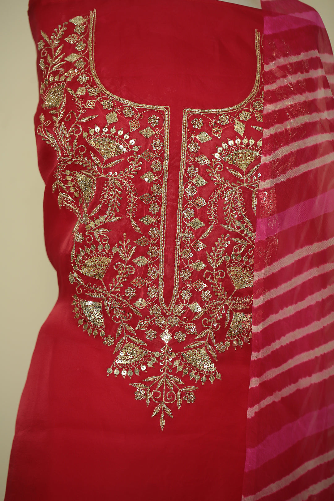 Organza Unstitched Suit with Sequins, Zardozi, Zari work.