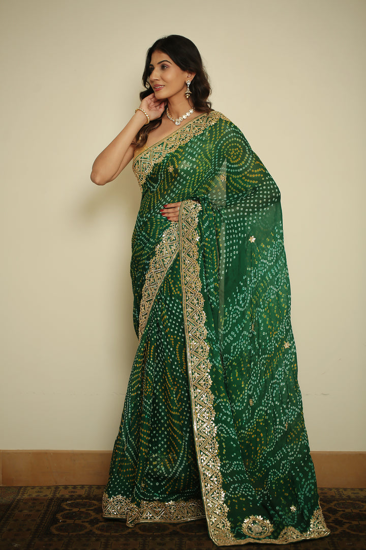 Bandhej chinon Saree with Gota, Gota Patti work.