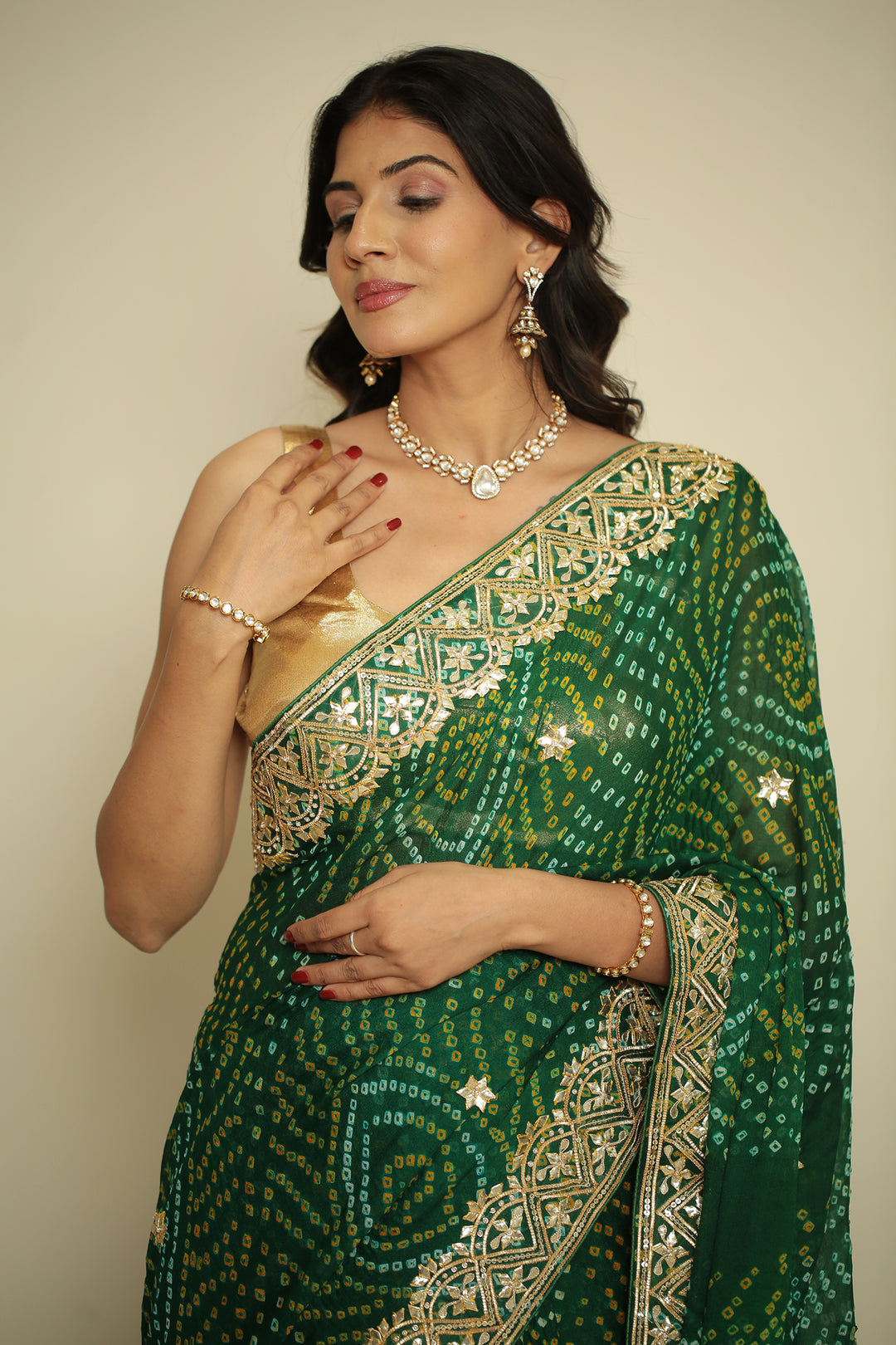 Bandhej chinon Saree with Gota, Gota Patti work.