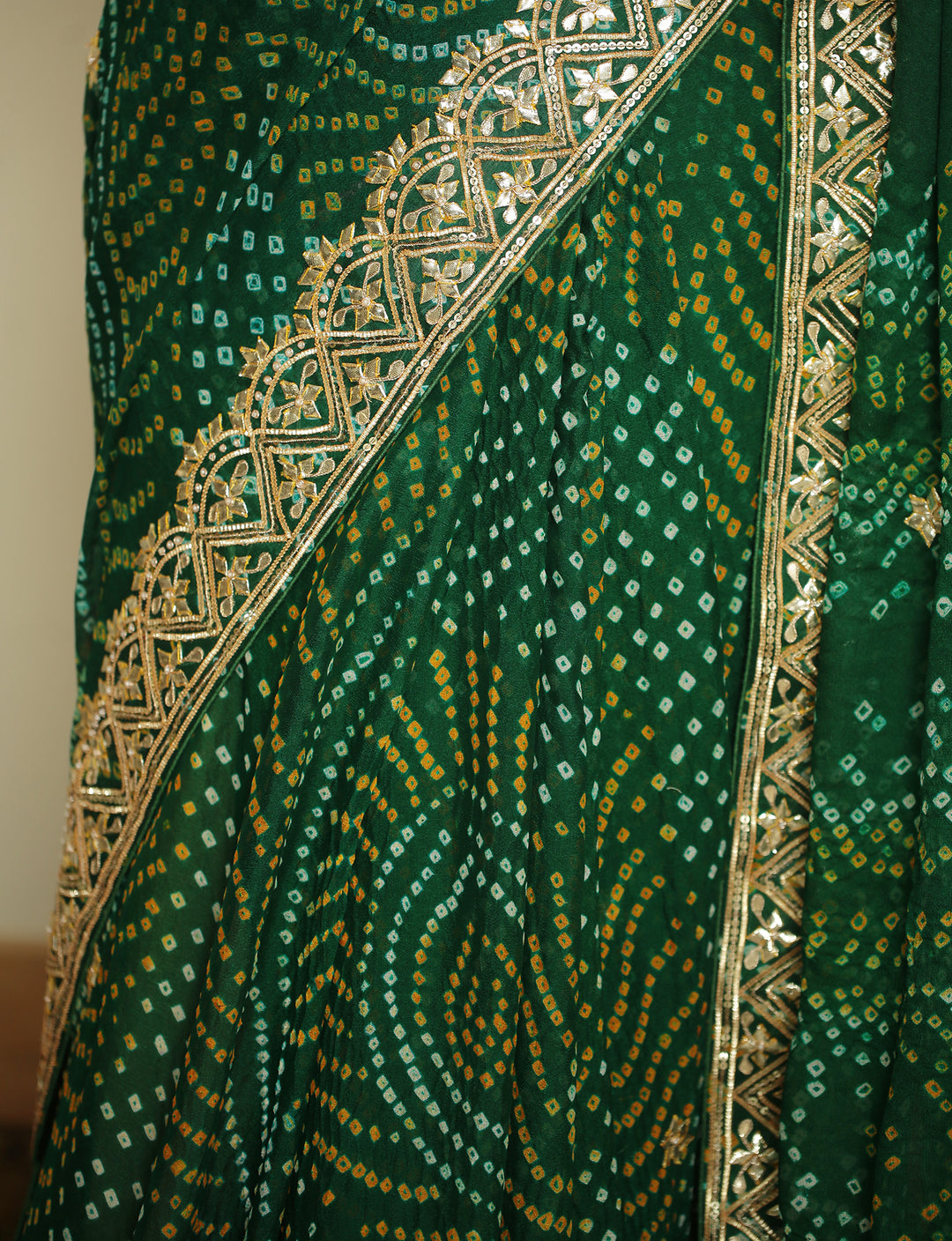 Bandhej chinon Saree with Gota, Gota Patti work.