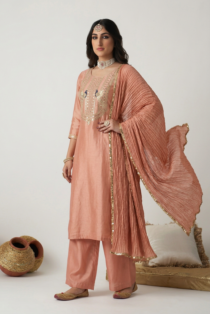 Tissue silk Suit with Aari, Cutdana, Gota, Sequins, Zardozi work.