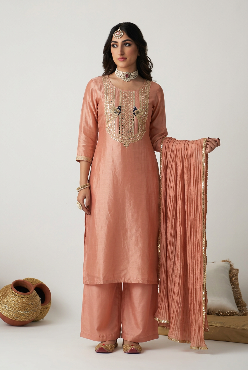 Tissue silk Suit with Aari, Cutdana, Gota, Sequins, Zardozi work.