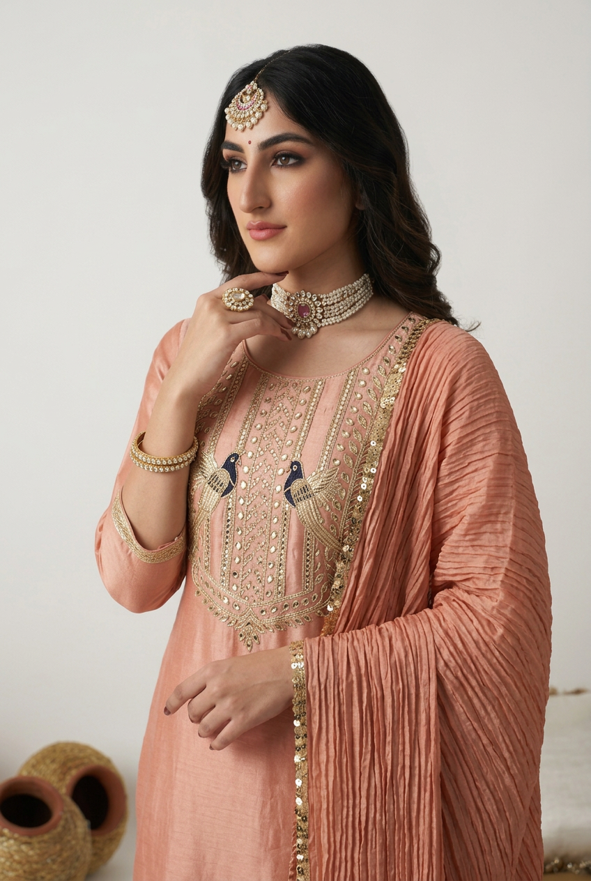 Tissue silk Suit with Aari, Cutdana, Gota, Sequins, Zardozi work.