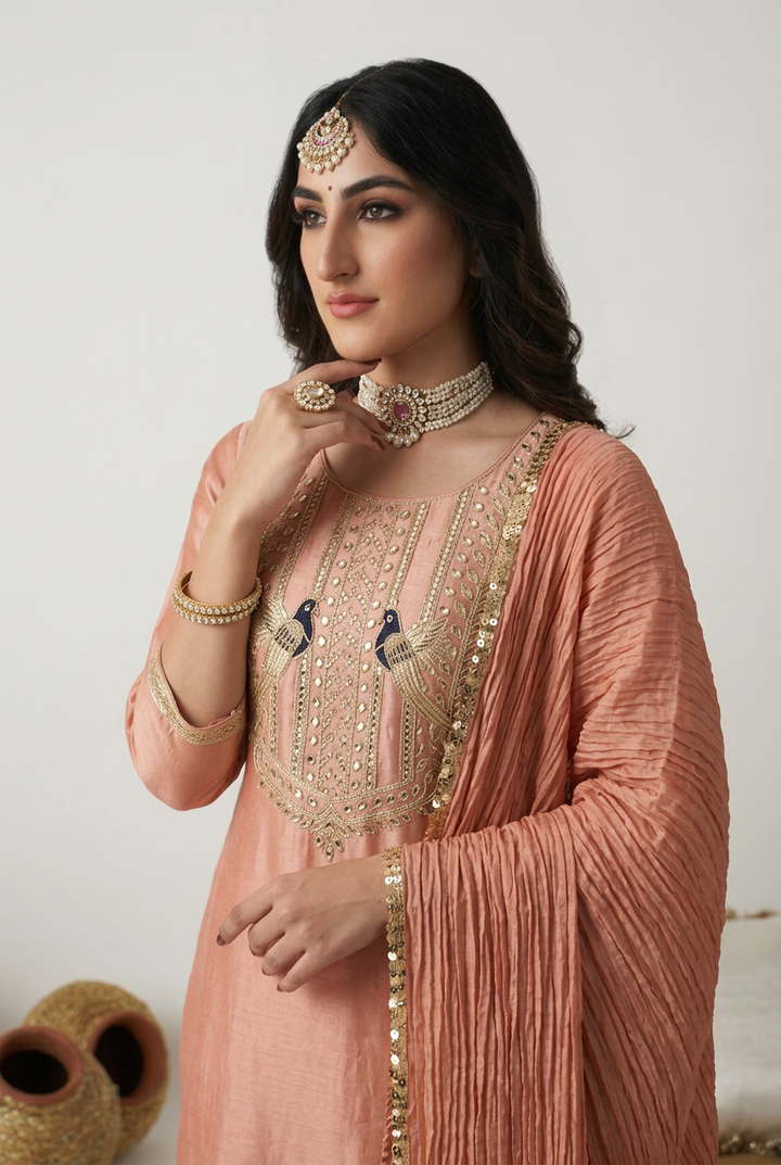 Tissue silk Suit with Aari, Cutdana, Gota, Sequins, Zardozi work.