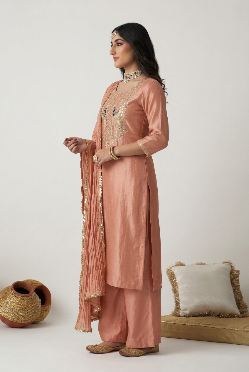 Tissue silk Suit with Aari, Cutdana, Gota, Sequins, Zardozi work.