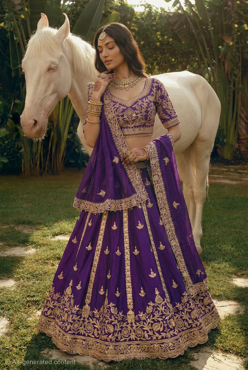 Silk Lehenga with Aari, Cutdana, Gota, Gota Patti, Sequins work.