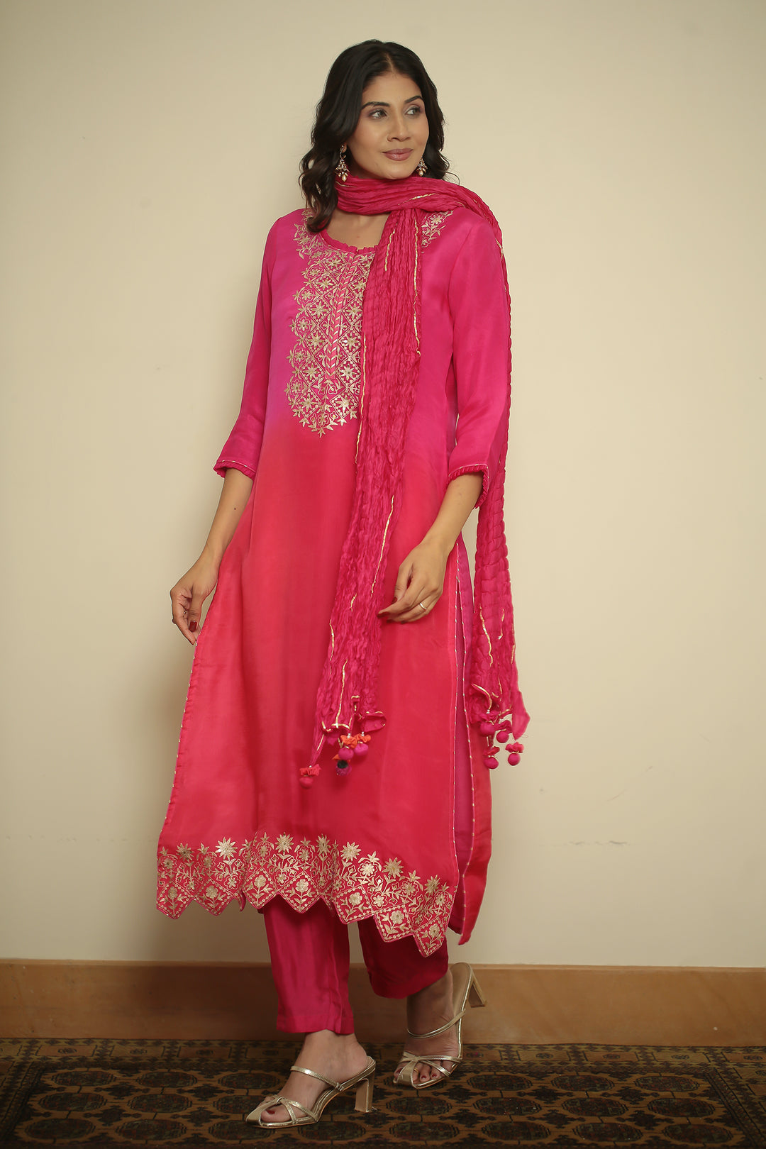 viscose organza Suit with Aari, Sequins, Thread, Zari work.