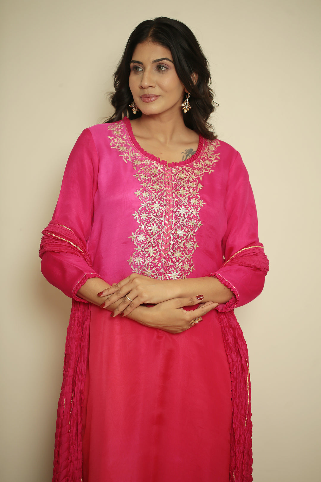 viscose organza Suit with Aari, Sequins, Thread, Zari work.