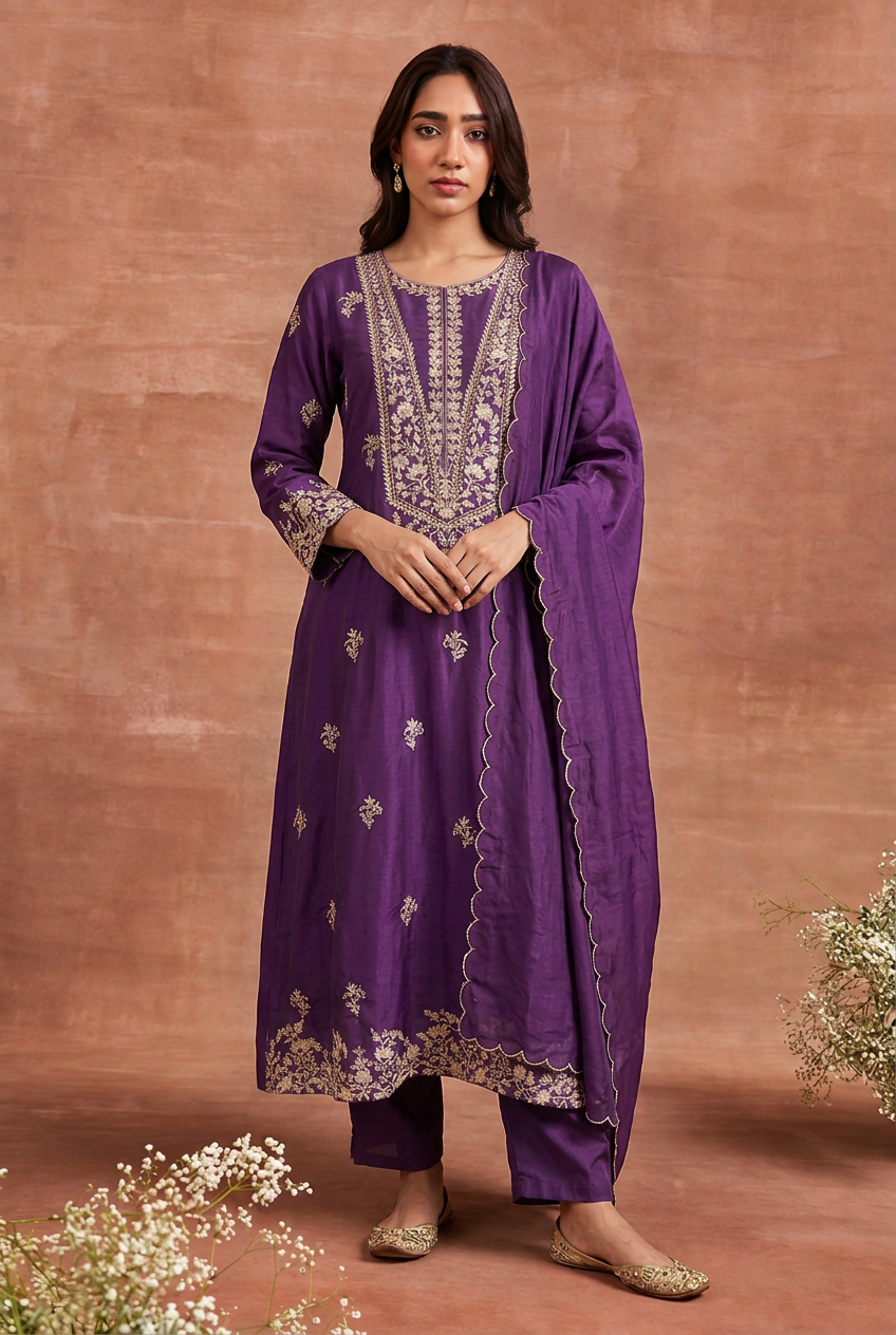 Royal Purple Silk Pittan Work Suit