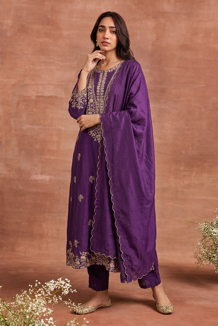 Royal Purple Silk Pittan Work Suit