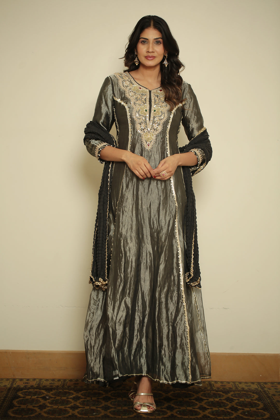 tissue Suit with Dori, Gota, Gota Patti, Pearl, Sequins, Thread, Zardozi, Zari work.