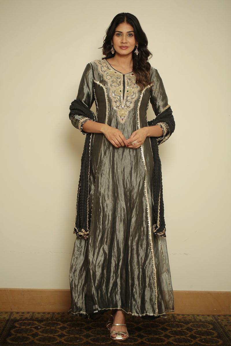 tissue Suit with Dori, Gota, Gota Patti, Pearl, Sequins, Thread, Zardozi, Zari work.