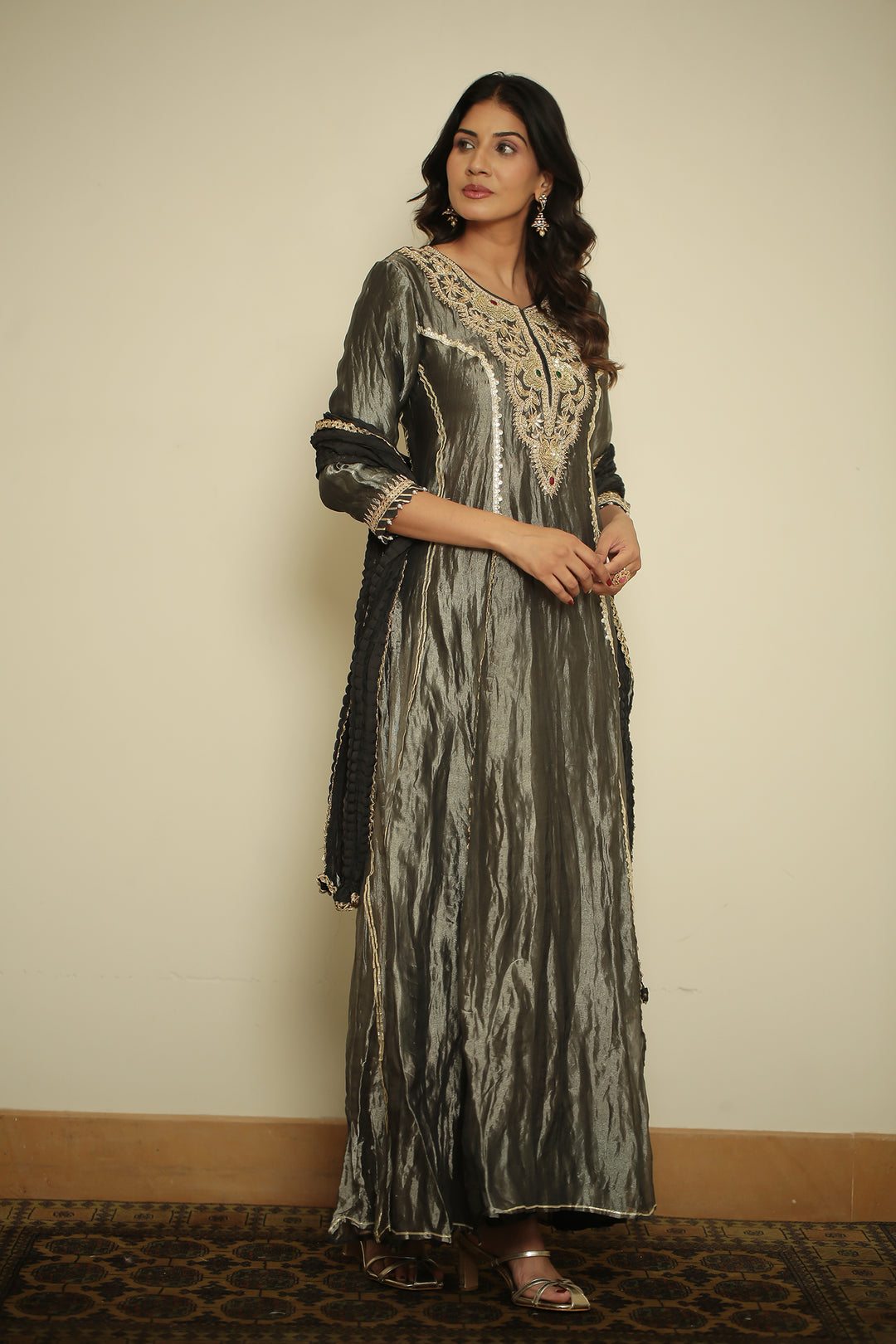tissue Suit with Dori, Gota, Gota Patti, Pearl, Sequins, Thread, Zardozi, Zari work.