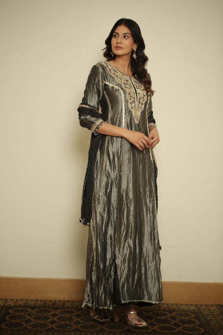 tissue Suit with Dori, Gota, Gota Patti, Pearl, Sequins, Thread, Zardozi, Zari work.