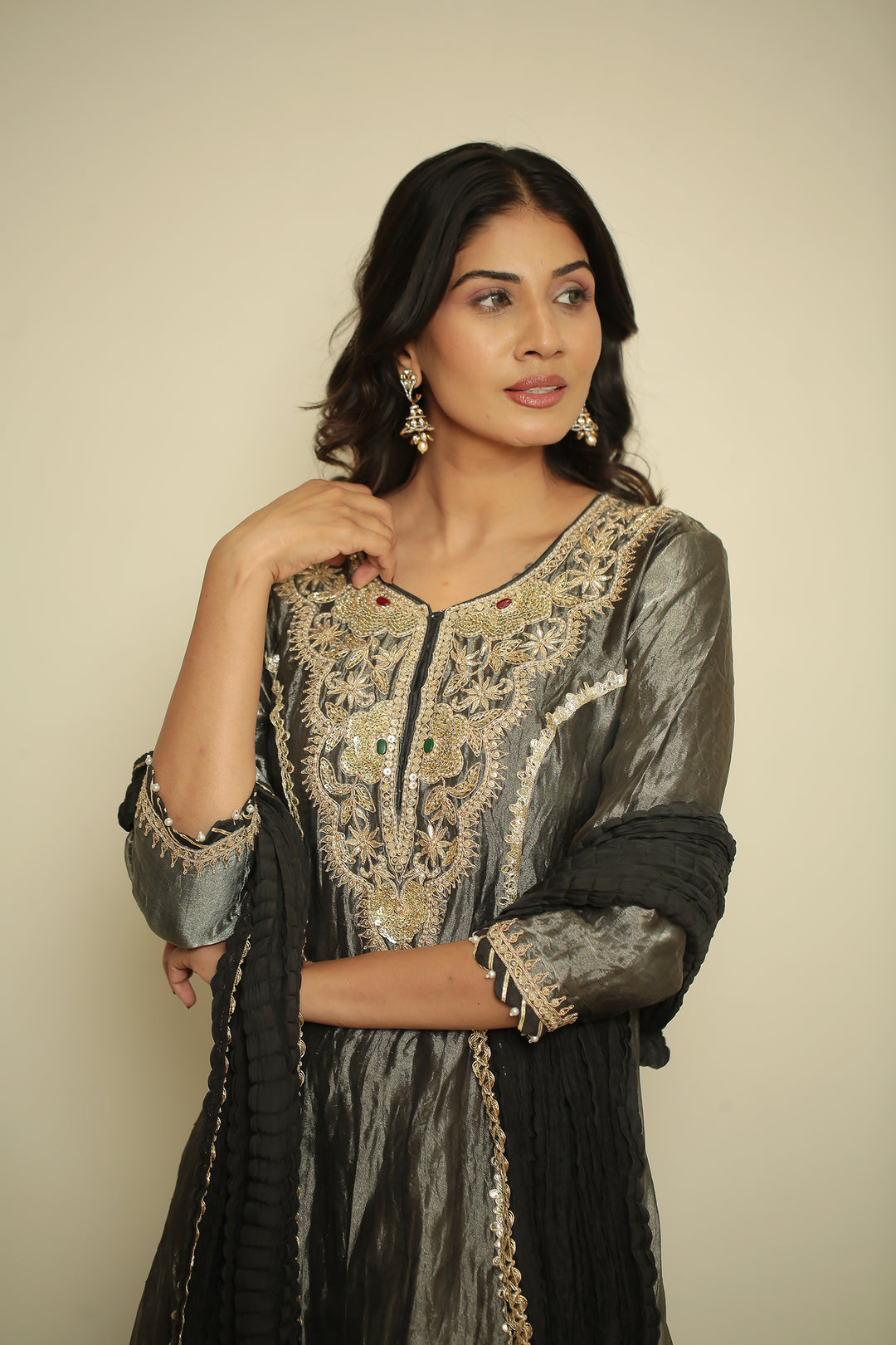 tissue Suit with Dori, Gota, Gota Patti, Pearl, Sequins, Thread, Zardozi, Zari work.