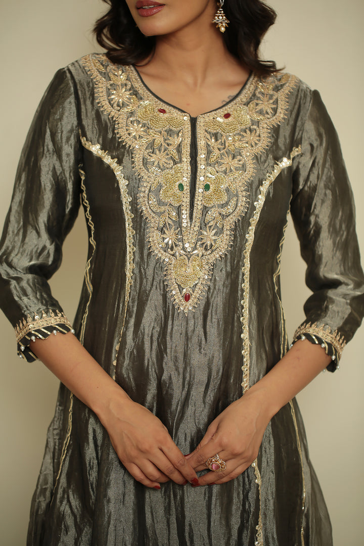 tissue Suit with Dori, Gota, Gota Patti, Pearl, Sequins, Thread, Zardozi, Zari work.