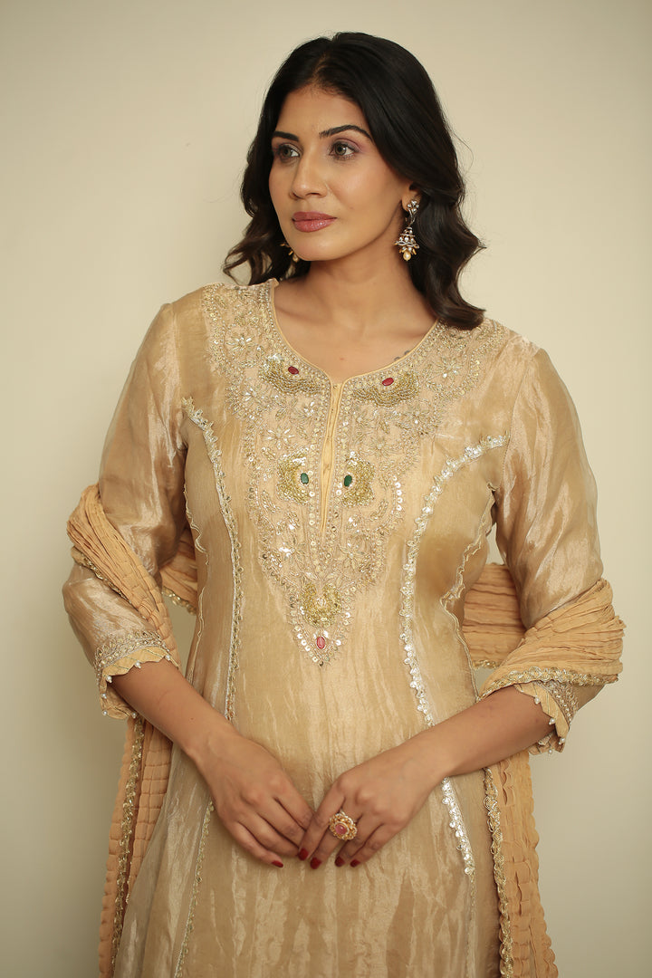 tissue Suit with Dori, Gota, Gota Patti, Pearl, Sequins, Thread, Zardozi work.