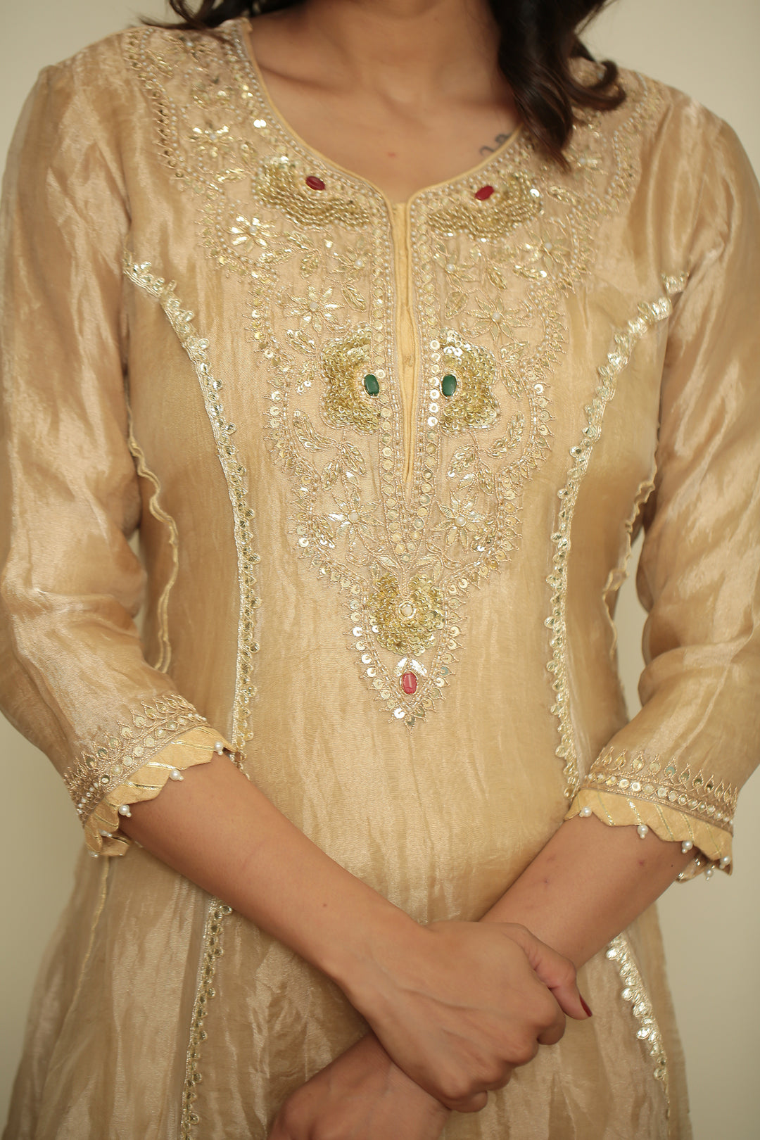 tissue Suit with Dori, Gota, Gota Patti, Pearl, Sequins, Thread, Zardozi work.
