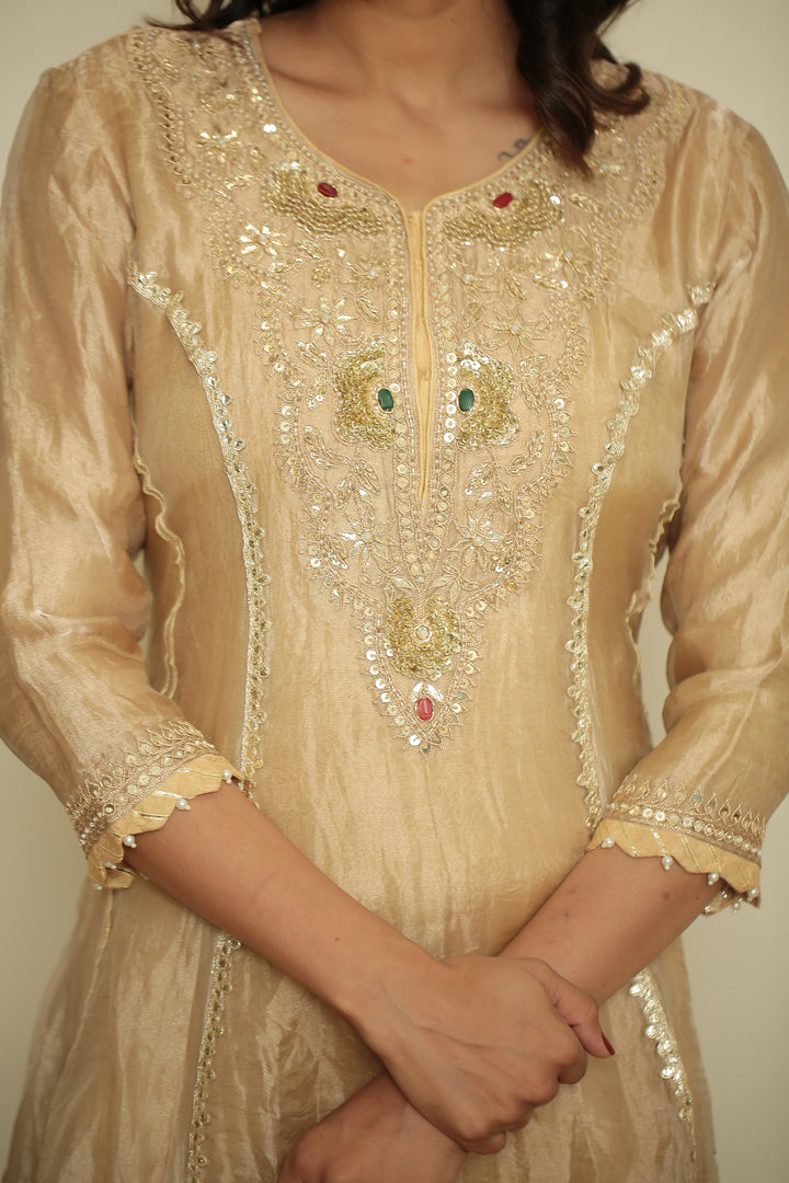 tissue Suit with Dori, Gota, Gota Patti, Pearl, Sequins, Thread, Zardozi work.