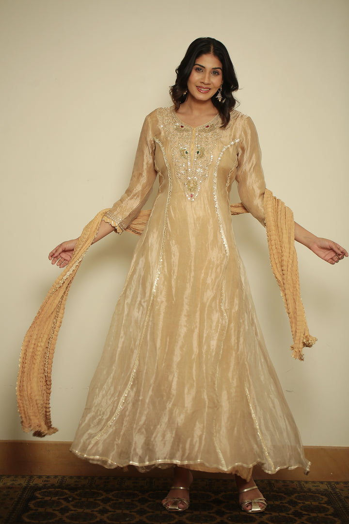 tissue Suit with Dori, Gota, Gota Patti, Pearl, Sequins, Thread, Zardozi work.