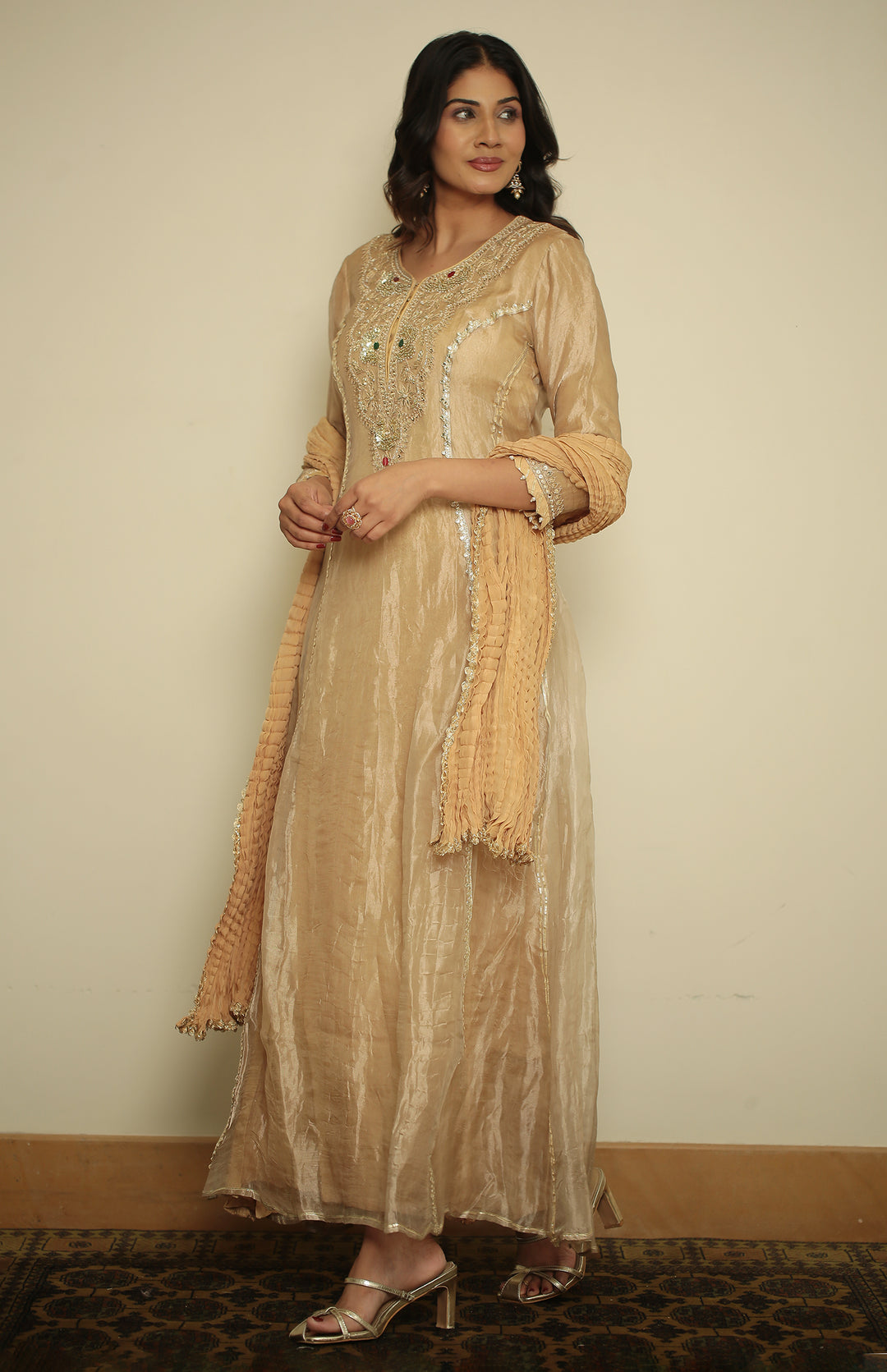 tissue Suit with Dori, Gota, Gota Patti, Pearl, Sequins, Thread, Zardozi work.