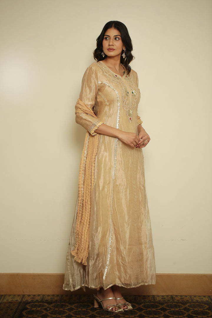 tissue Suit with Dori, Gota, Gota Patti, Pearl, Sequins, Thread, Zardozi work.