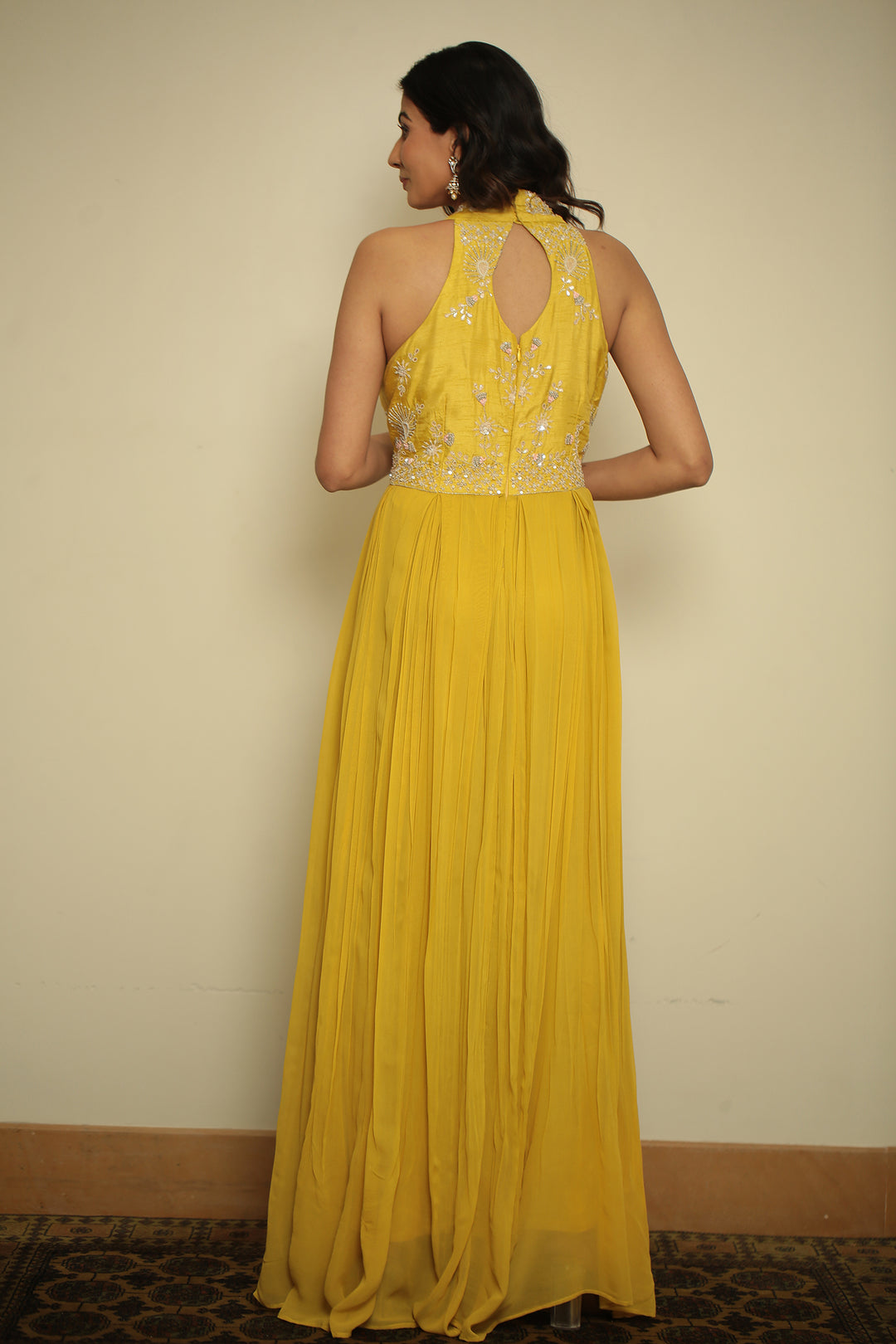 Georgette Gown with Cutdana, Gota, Pearl, Sequins, Thread, Zardozi work.