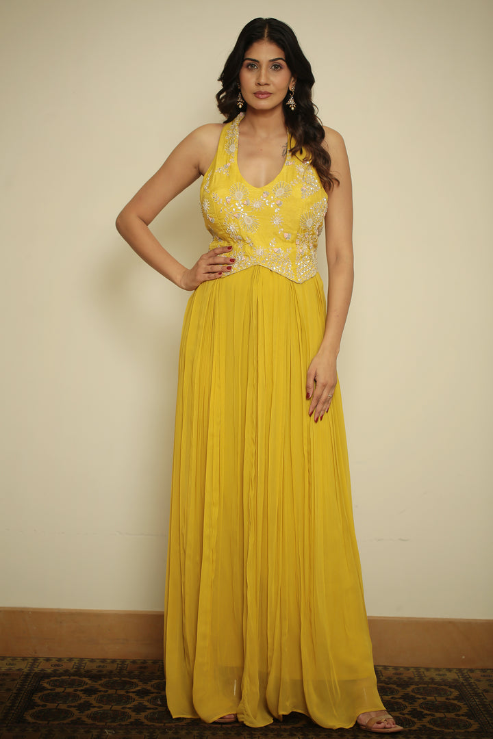 Georgette Gown with Cutdana, Gota, Pearl, Sequins, Thread, Zardozi work.