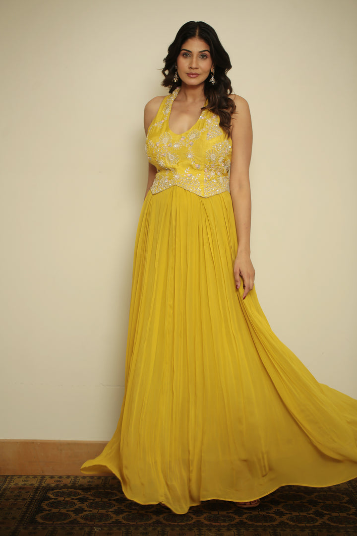 Georgette Gown with Cutdana, Gota, Pearl, Sequins, Thread, Zardozi work.
