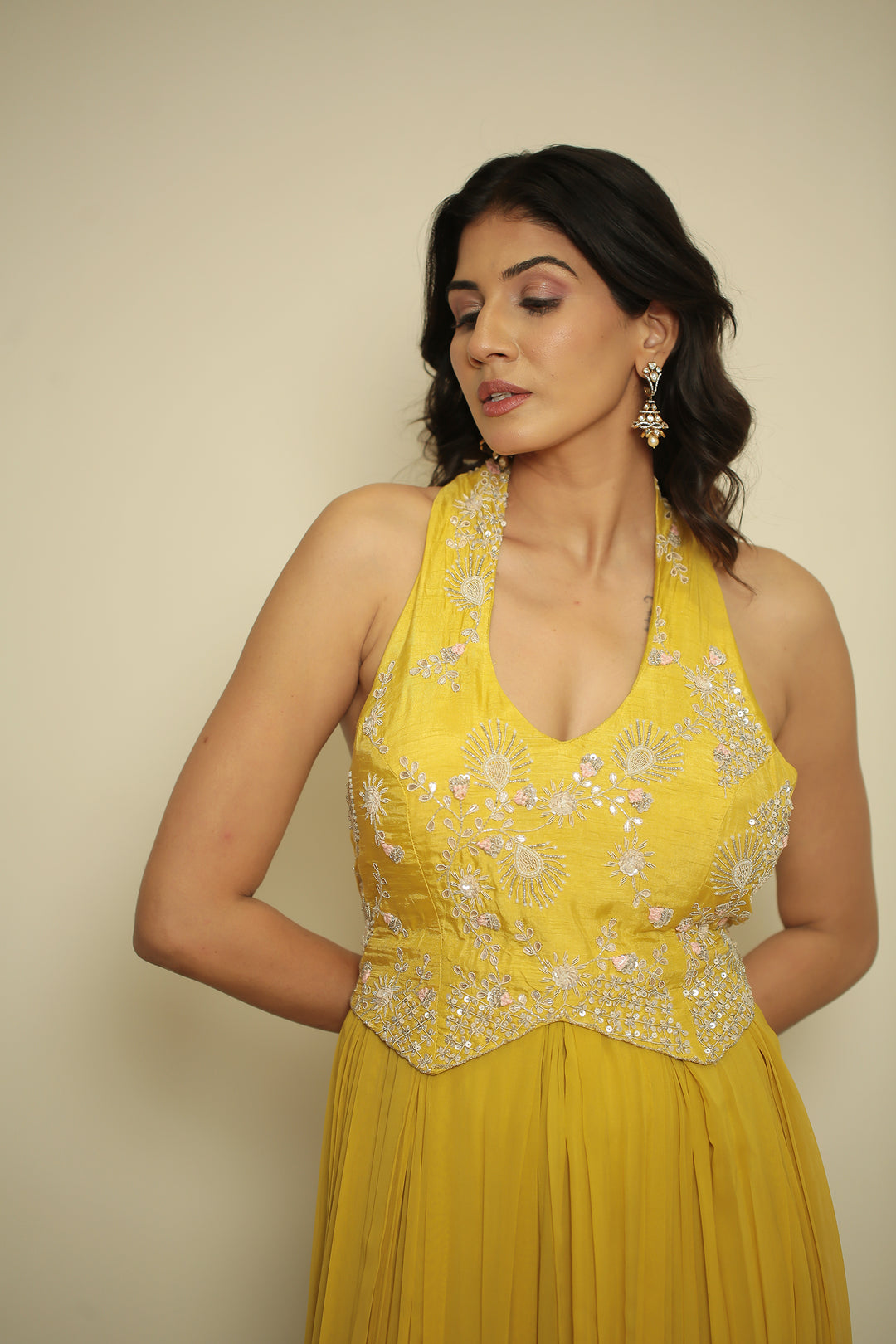 Georgette Gown with Cutdana, Gota, Pearl, Sequins, Thread, Zardozi work.
