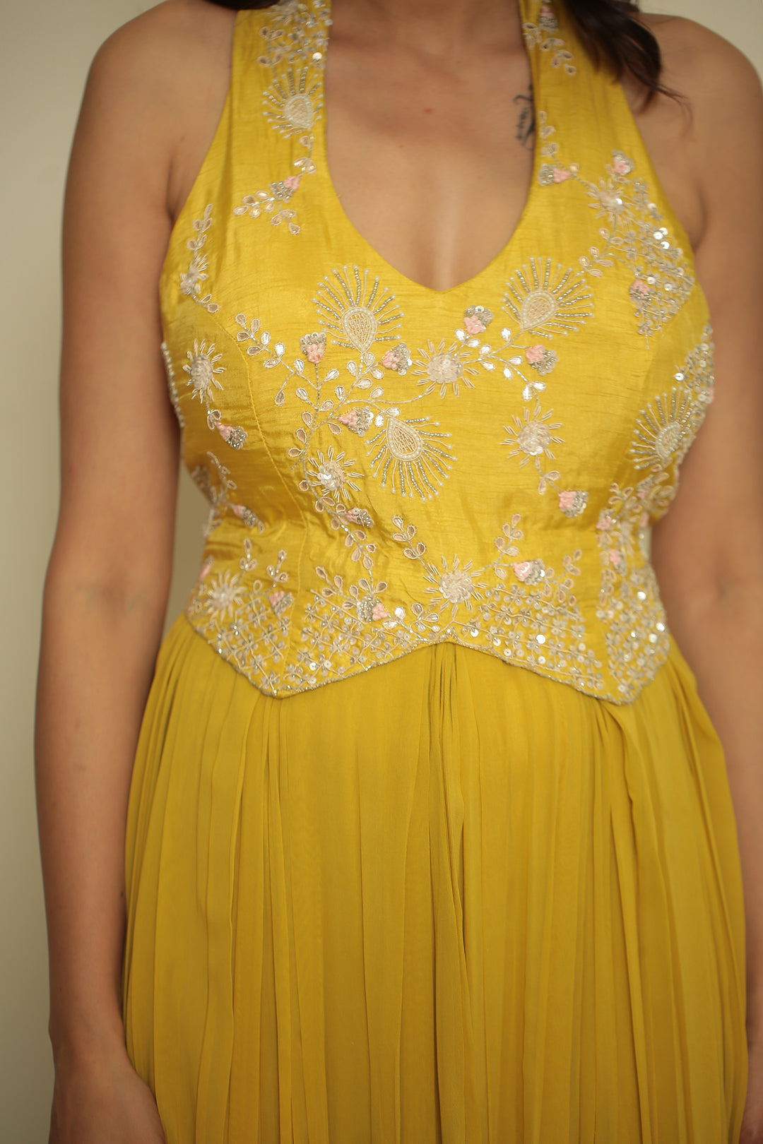 Georgette Gown with Cutdana, Gota, Pearl, Sequins, Thread, Zardozi work.