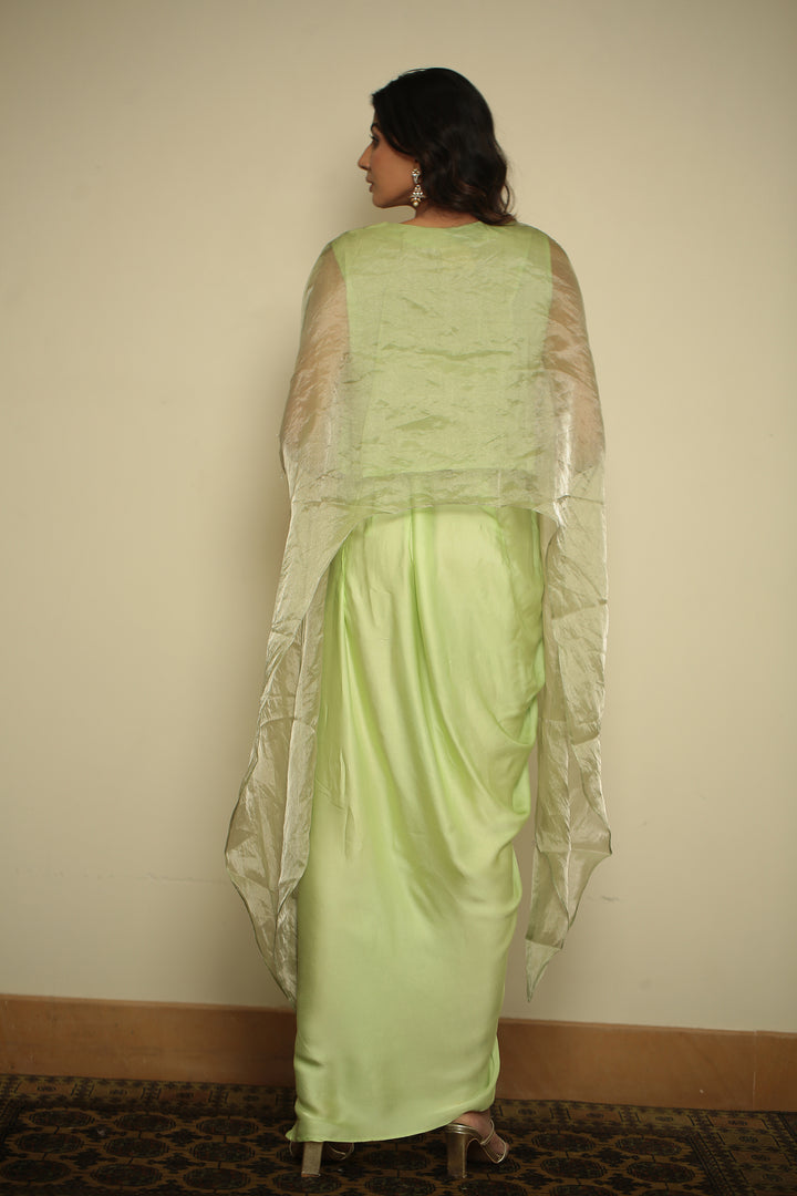 tissue Indowestern with Aari, Gota, Pearl, Thread, Tissue, Zardozi, Zari work.
