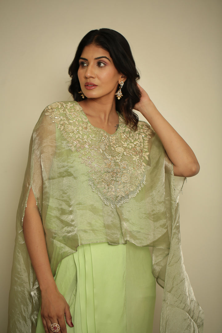 tissue Indowestern with Aari, Gota, Pearl, Thread, Tissue, Zardozi, Zari work.
