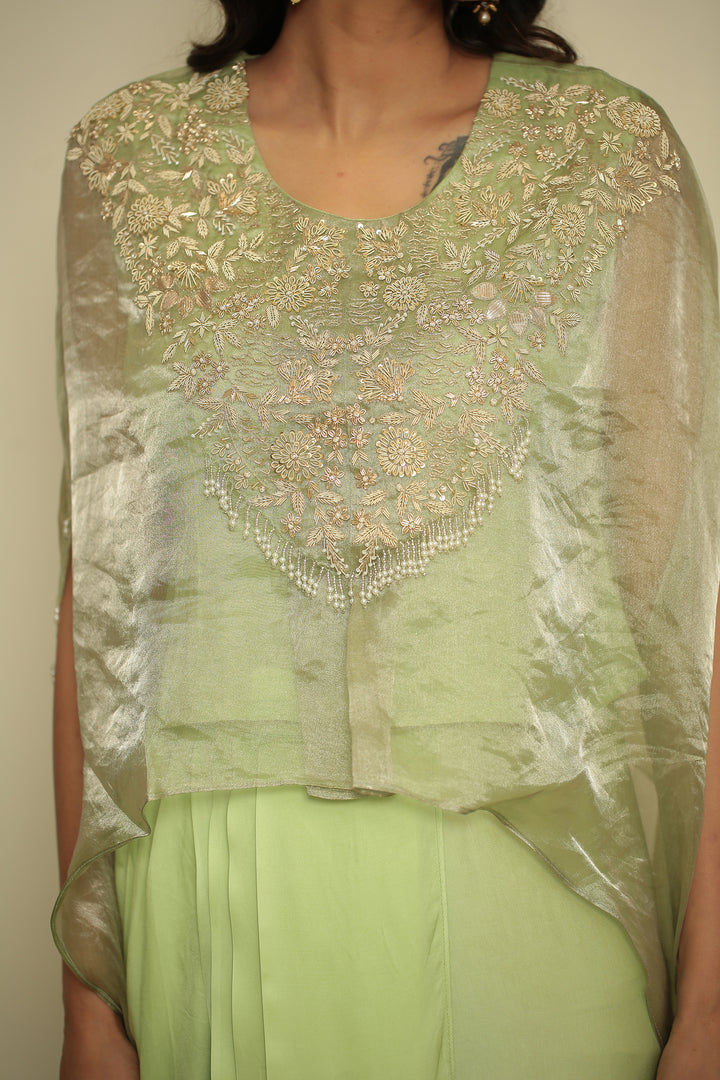 tissue Indowestern with Aari, Gota, Pearl, Thread, Tissue, Zardozi, Zari work.