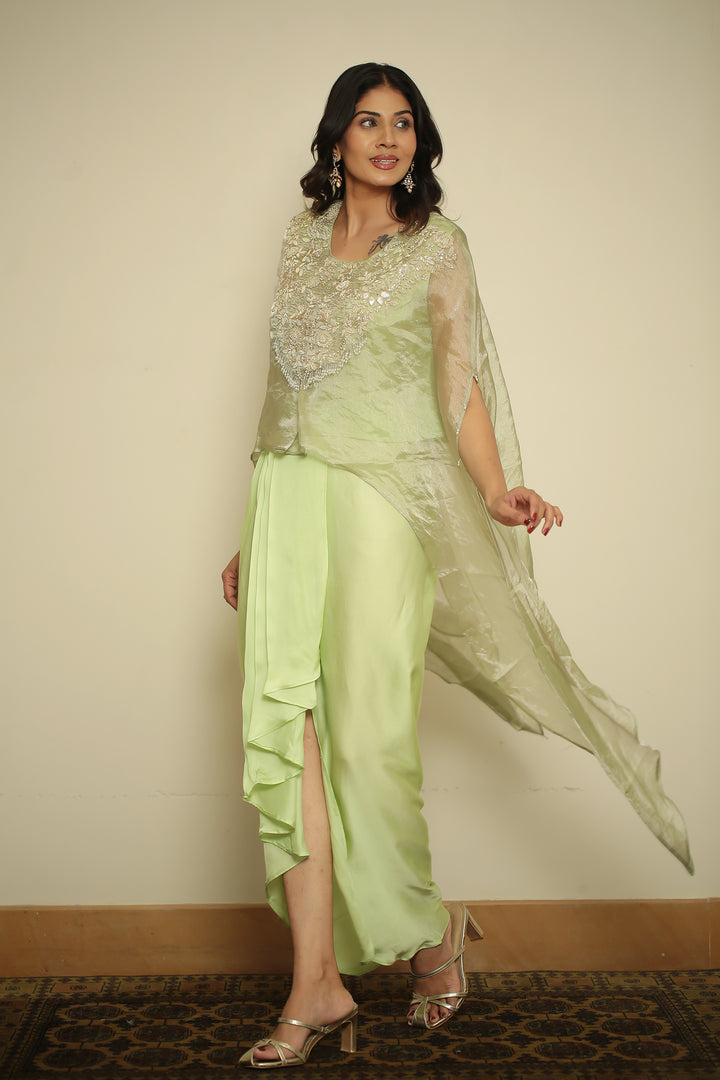 tissue Indowestern with Aari, Gota, Pearl, Thread, Tissue, Zardozi, Zari work.