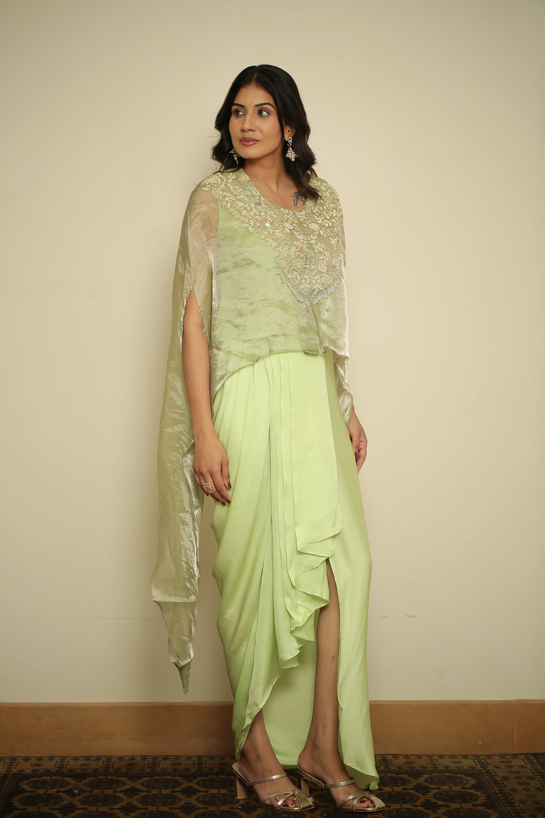 tissue Indowestern with Aari, Gota, Pearl, Thread, Tissue, Zardozi, Zari work.