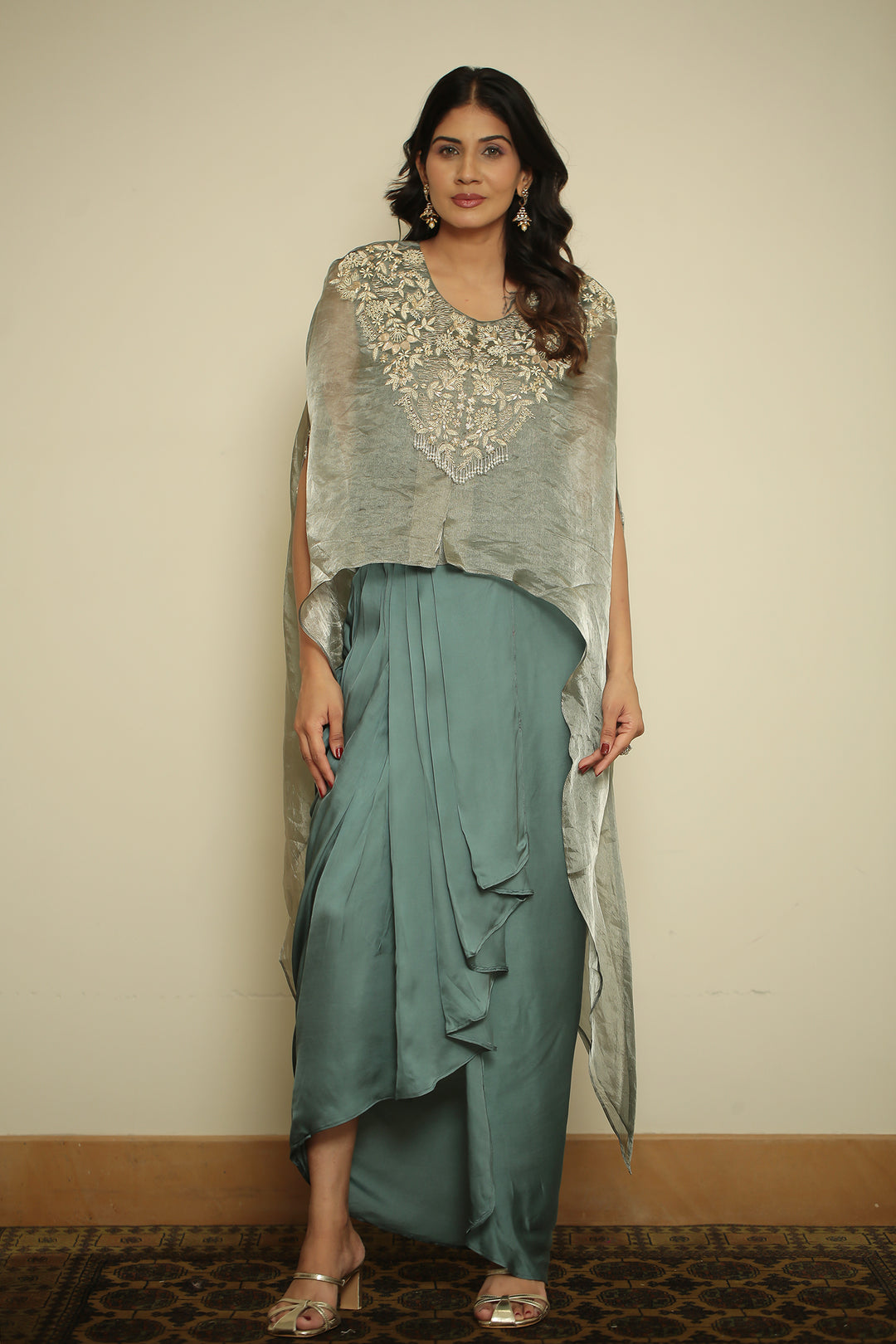 tissue Indowestern with Aari, Gota, Pearl, Thread, Tissue, Zardozi, Zari work.