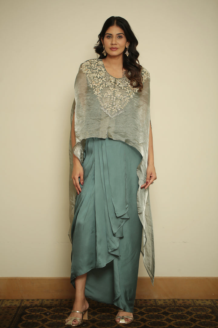 tissue Indowestern with Aari, Gota, Pearl, Thread, Tissue, Zardozi, Zari work.