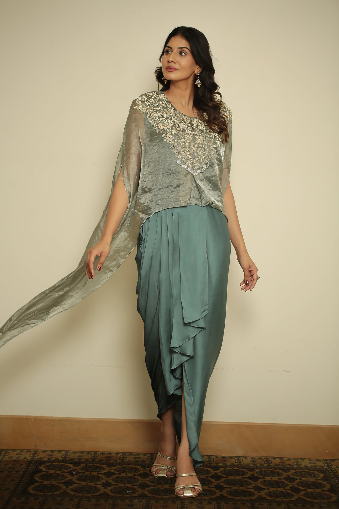 tissue Indowestern with Aari, Gota, Pearl, Thread, Tissue, Zardozi, Zari work.