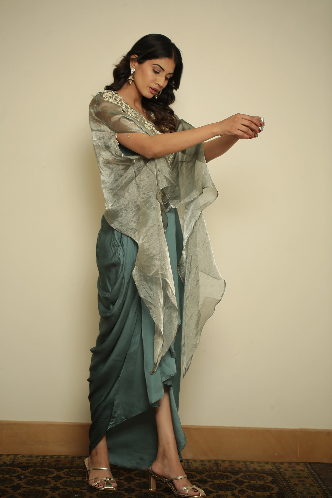 tissue Indowestern with Aari, Gota, Pearl, Thread, Tissue, Zardozi, Zari work.