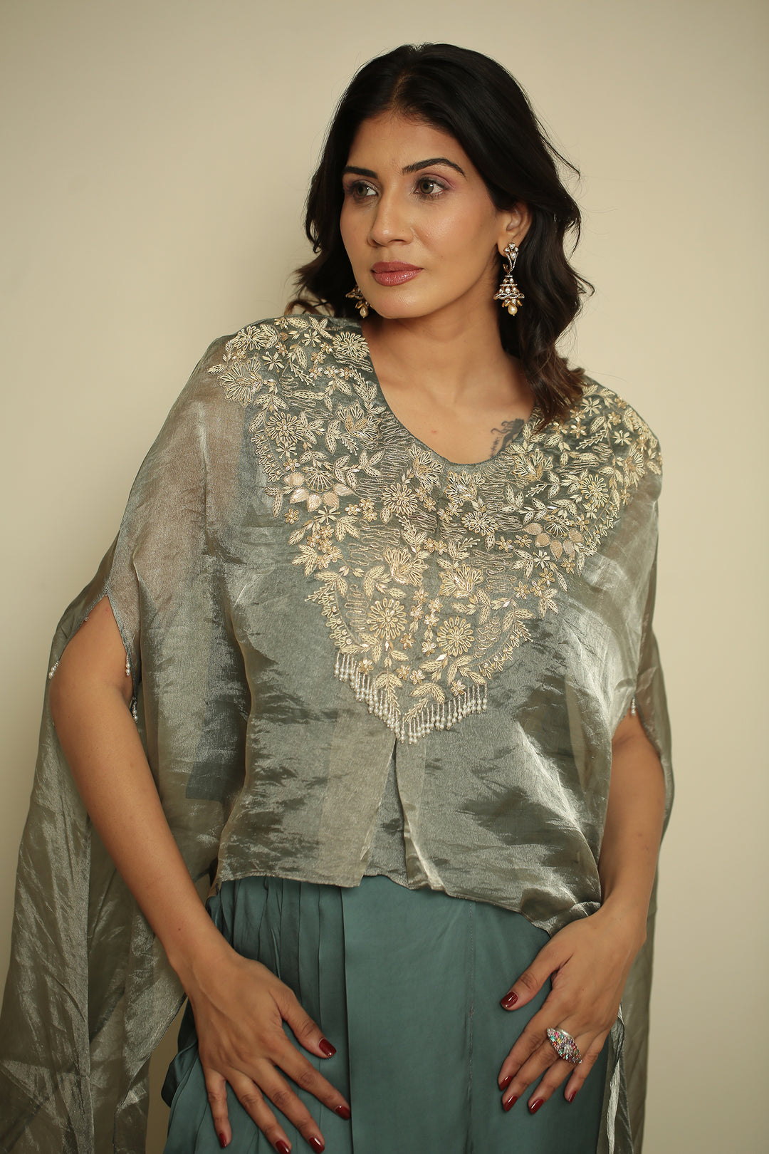 tissue Indowestern with Aari, Gota, Pearl, Thread, Tissue, Zardozi, Zari work.