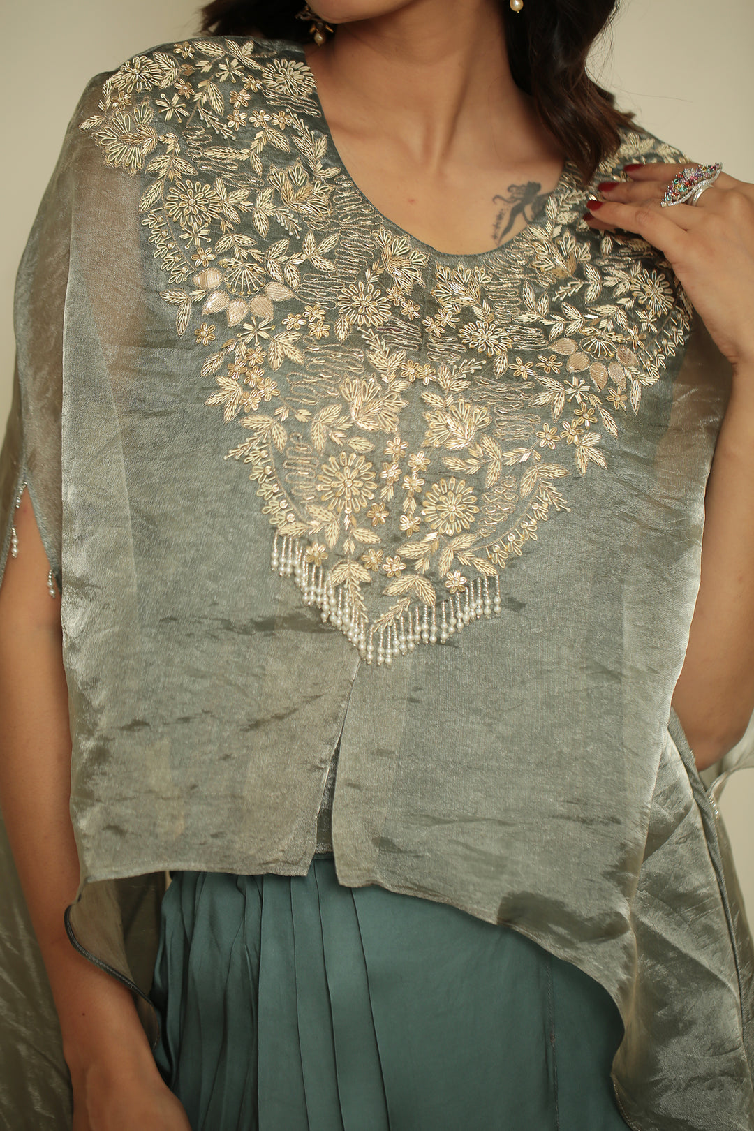 tissue Indowestern with Aari, Gota, Pearl, Thread, Tissue, Zardozi, Zari work.