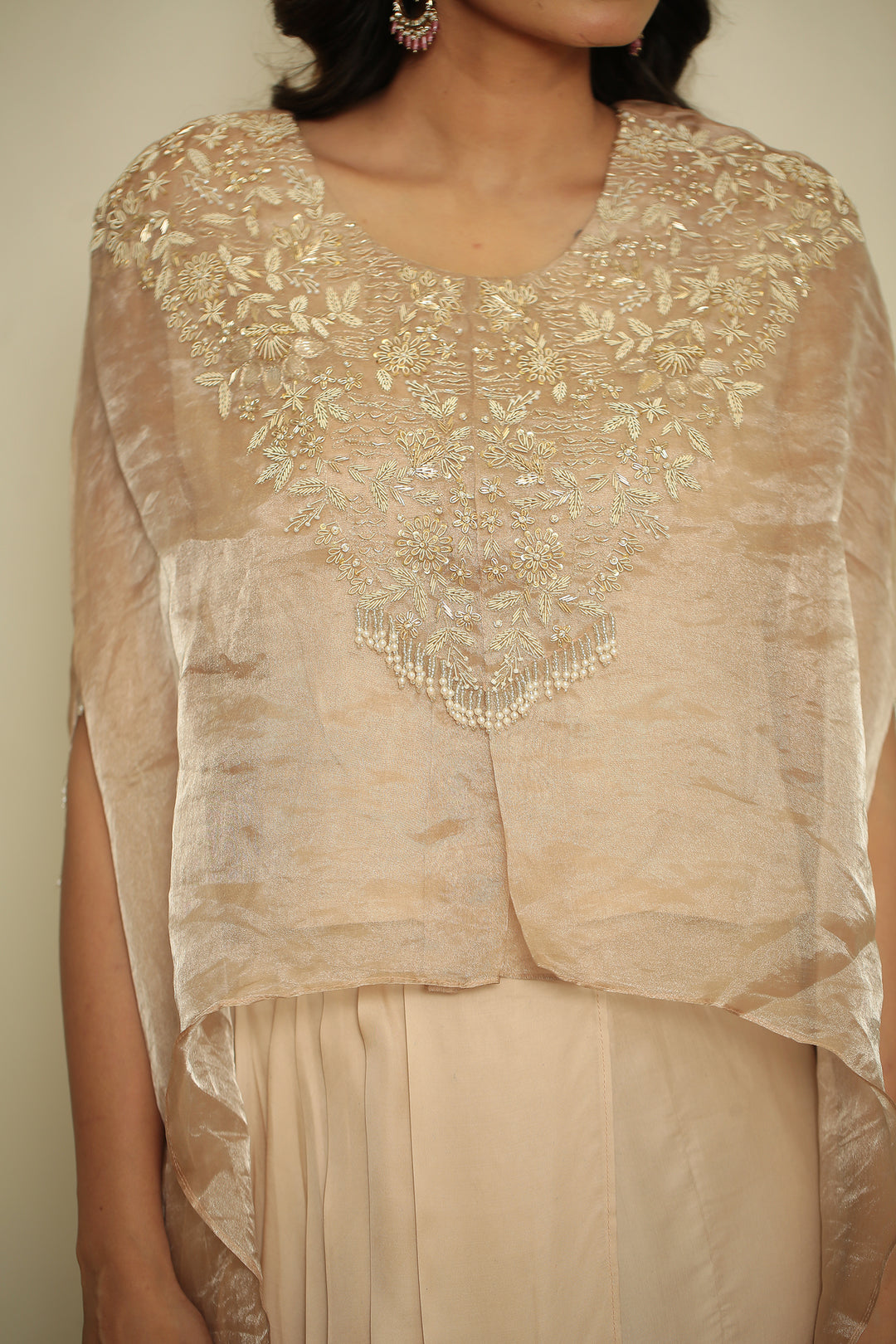 tissue Indowestern with Aari, Gota, Pearl, Thread, Zardozi, Zari work.